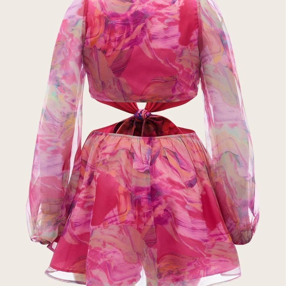 Multicolor Boho Lantern Sleeve Knot Cutout Waist Chiffon Romper - Picture 7 of 9